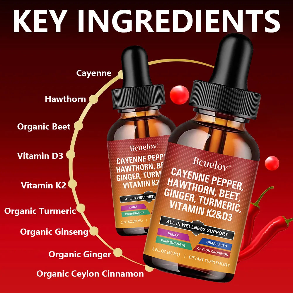 Cayenne Pepper + Hawthorn, Vitamin D3 K2, Ceylon Cinnamon, Turmeric Drops